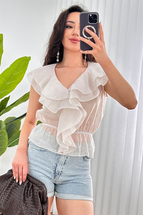 Fırfırlı Beli Lastikli Toptan Taş Bluz