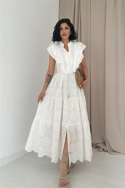 Toptan Beyaz Fırfırlı Düğmeli Elbise