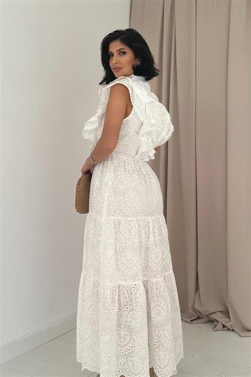 Toptan Beyaz Fırfırlı Düğmeli Elbise