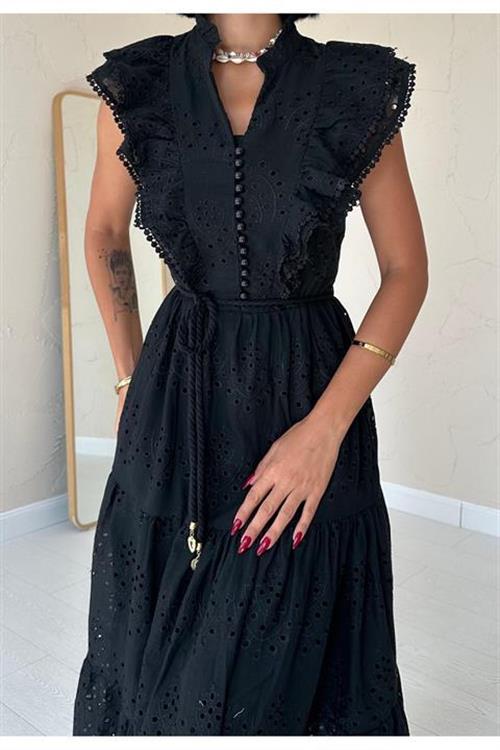 Toptan Siyah Fırfırlı Düğmeli Elbise