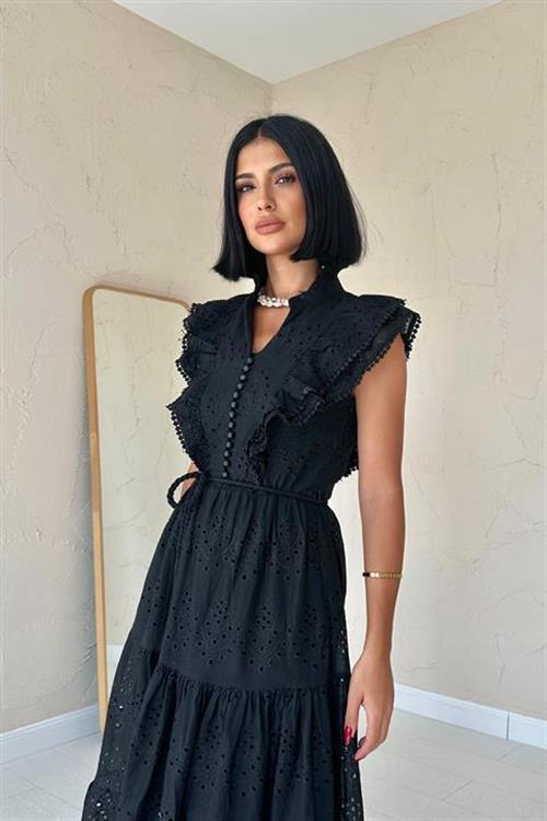 Toptan Siyah Fırfırlı Düğmeli Elbise