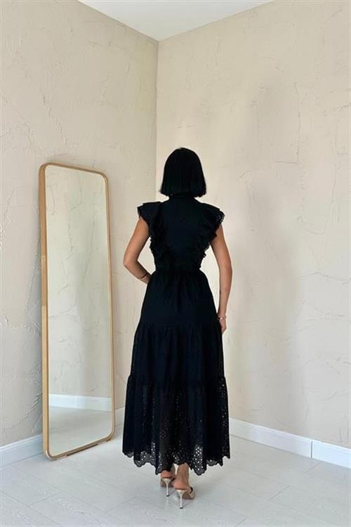 Toptan Siyah Fırfırlı Düğmeli Elbise
