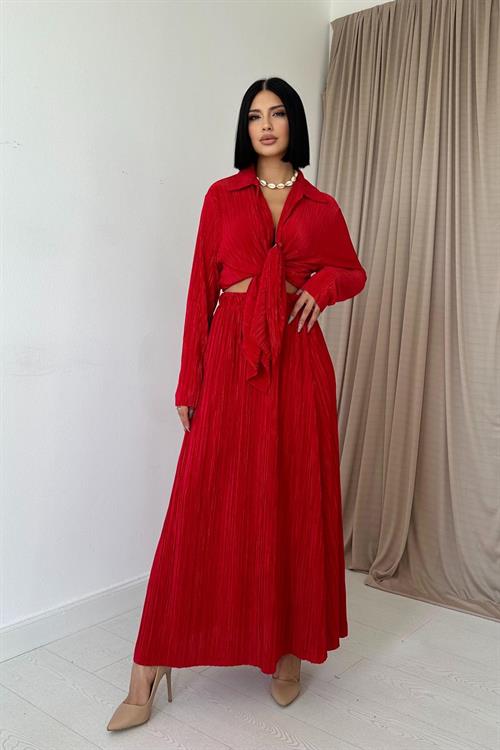 Wholesale Red Ribbed Shirt and Skirt Set