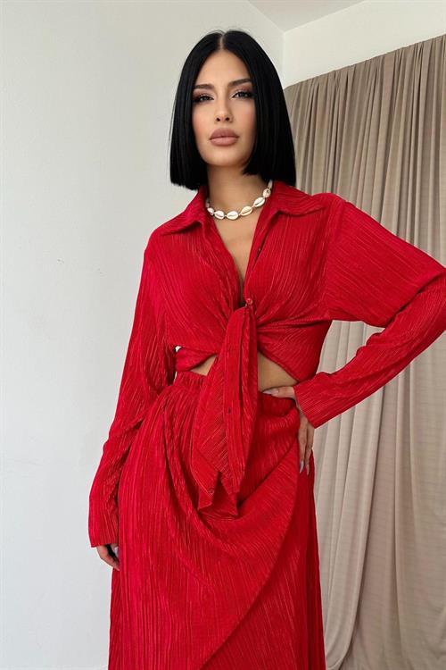Wholesale Red Ribbed Shirt and Skirt Set