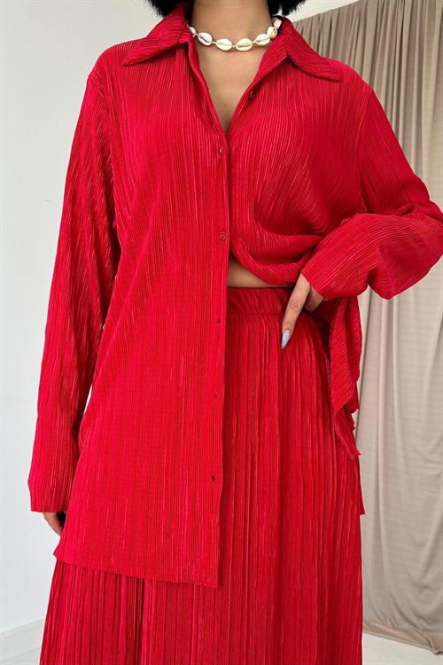 Wholesale Red Ribbed Shirt and Skirt Set
