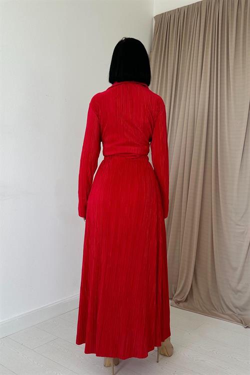 Wholesale Red Ribbed Shirt and Skirt Set