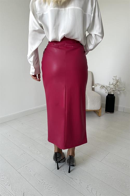 Wholesale Fuchsia Leather Skirt with Front Slit