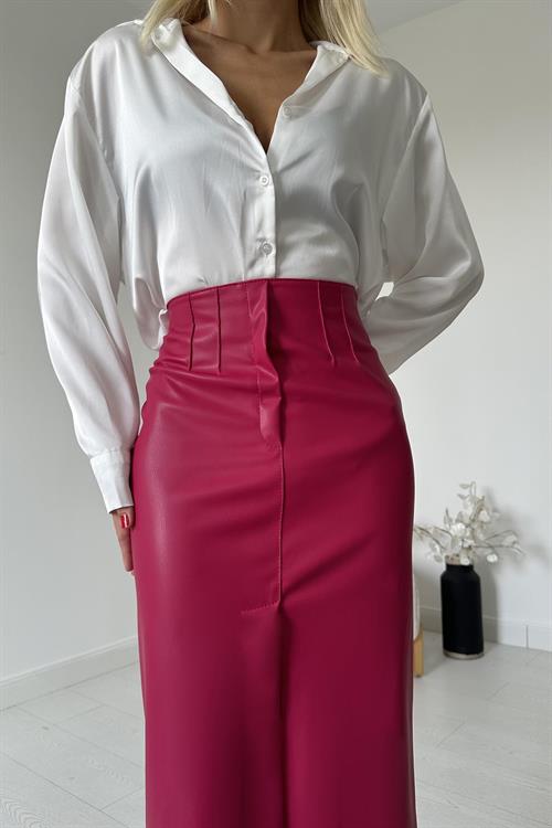 Wholesale Fuchsia Leather Skirt with Front Slit