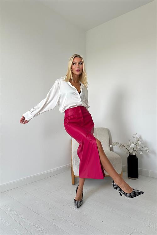 Wholesale Fuchsia Leather Skirt with Front Slit