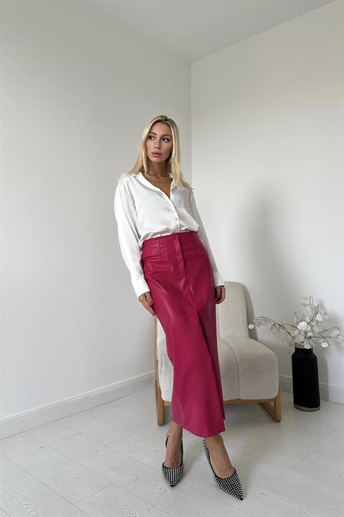Wholesale Fuchsia Leather Skirt with Front Slit