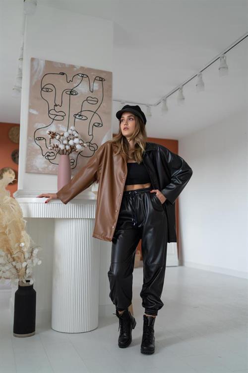 Wholesale Garnish Leather Shirt with Studs - Black