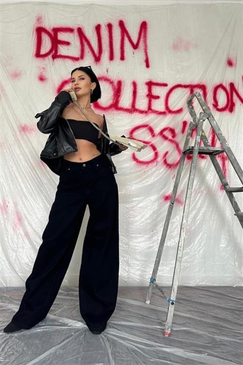 Toptan Siyah Geniş Paça Jeans Pantolon