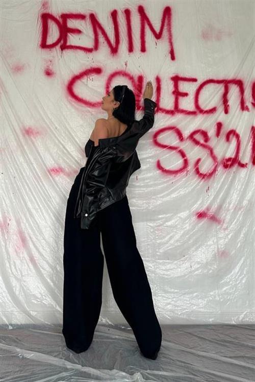 Toptan Siyah Geniş Paça Jeans Pantolon