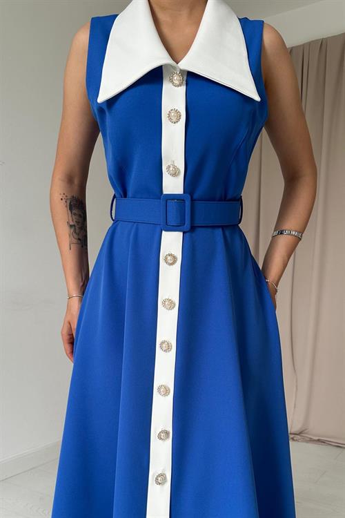 Toptan Saks Geniş Yakalı Halter Kollu Elbise