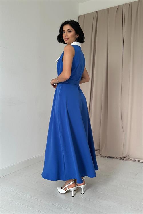 Toptan Saks Geniş Yakalı Halter Kollu Elbise