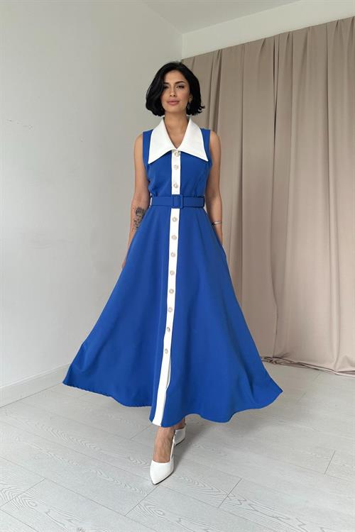 Toptan Saks Geniş Yakalı Halter Kollu Elbise