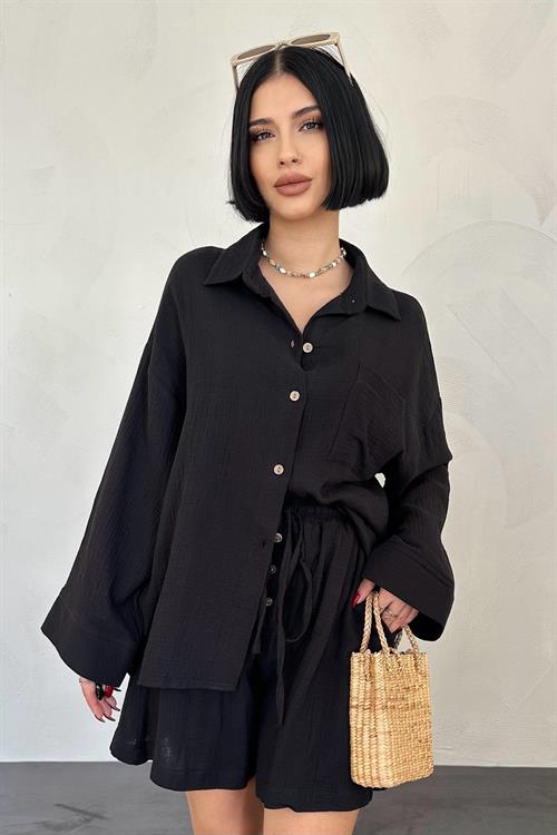 Wholesale Black Muslin Suit – Shirt and Shorts