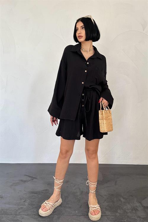Wholesale Black Muslin Suit – Shirt and Shorts
