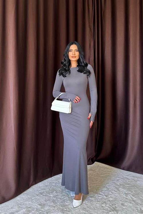 Toptan Gri Vücudu Saran Uzun Elbise