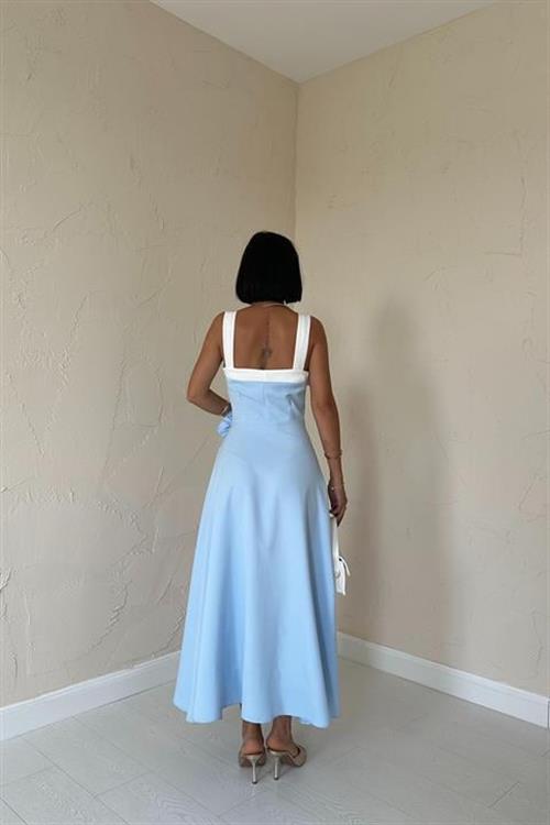 Toptan Bebe Mavi Güllü Askılı Elbise