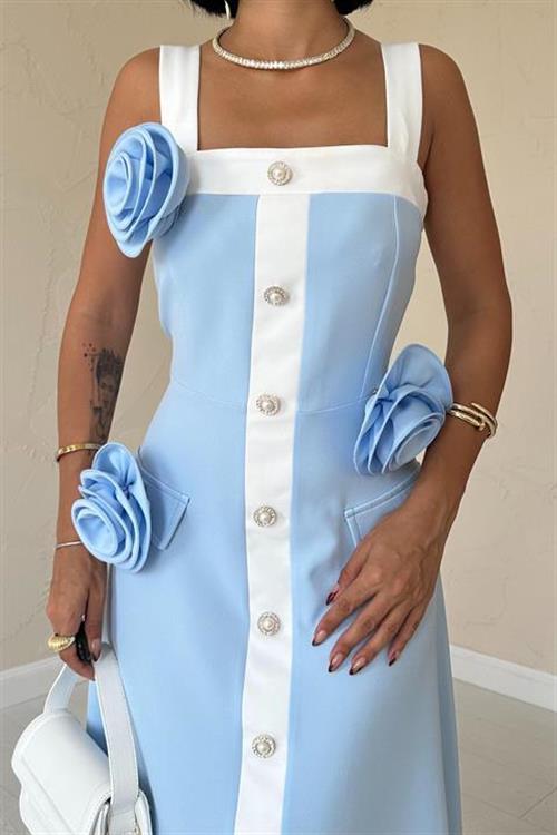 Toptan Bebe Mavi Güllü Askılı Elbise