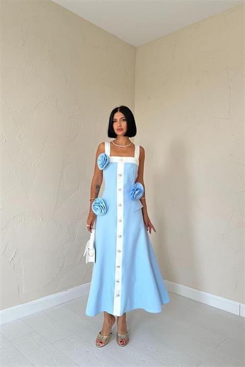 Toptan Bebe Mavi Güllü Askılı Elbise