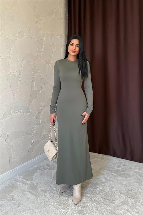 Toptan Haki Vücudu Saran Uzun Elbise