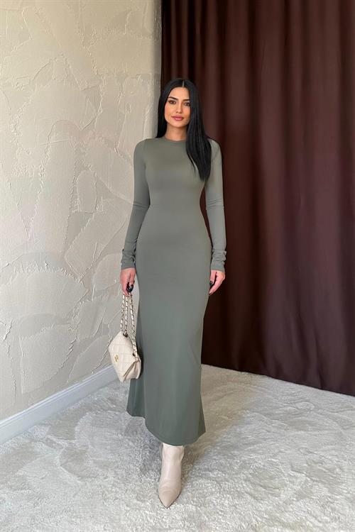 Toptan Haki Vücudu Saran Uzun Elbise