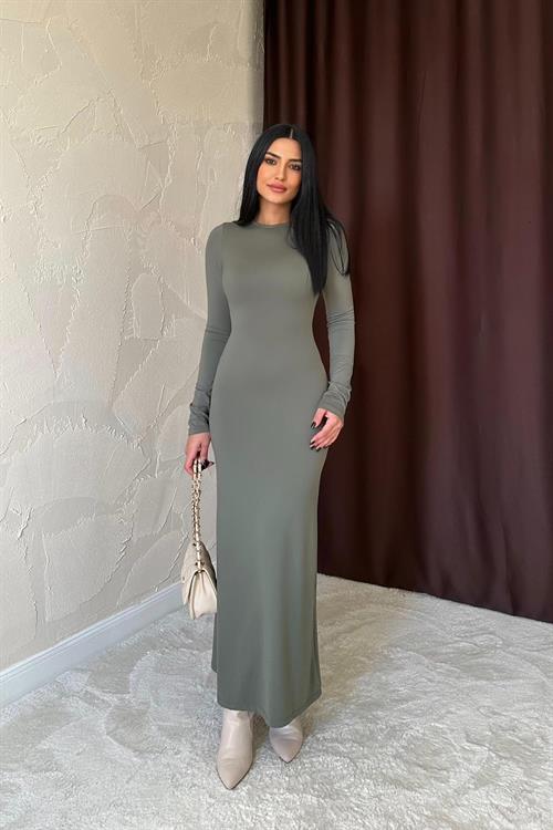 Toptan Haki Vücudu Saran Uzun Elbise