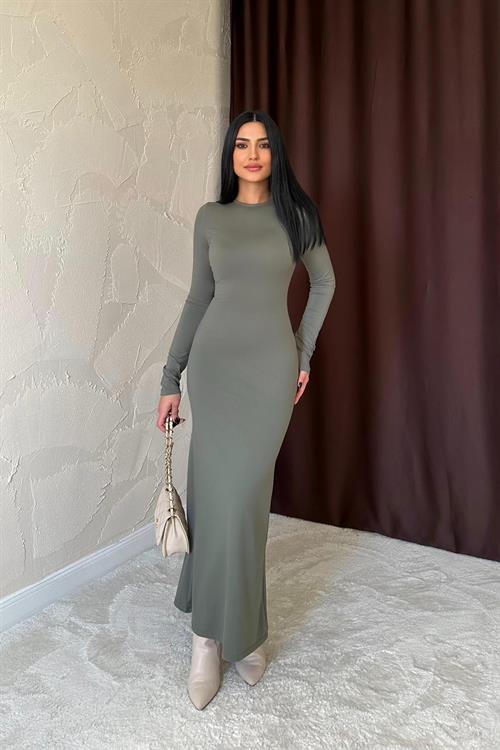 Toptan Haki Vücudu Saran Uzun Elbise