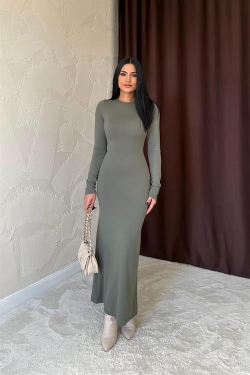 Toptan Haki Vücudu Saran Uzun Elbise