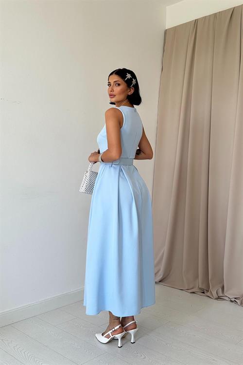 Toptan Bebe Mavi Halter Yaka Kloş Elbise