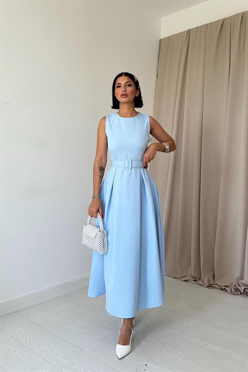 Toptan Bebe Mavi Halter Yaka Kloş Elbise
