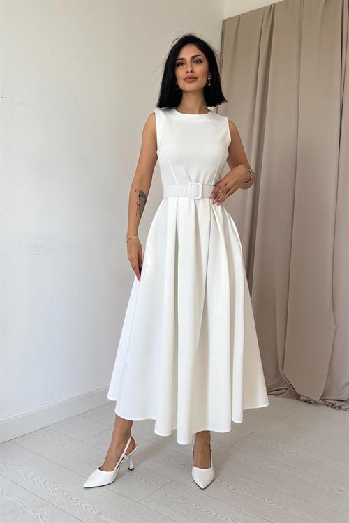 Toptan Ekru Halter Yaka Kloş Elbise