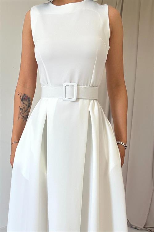 Toptan Ekru Halter Yaka Kloş Elbise