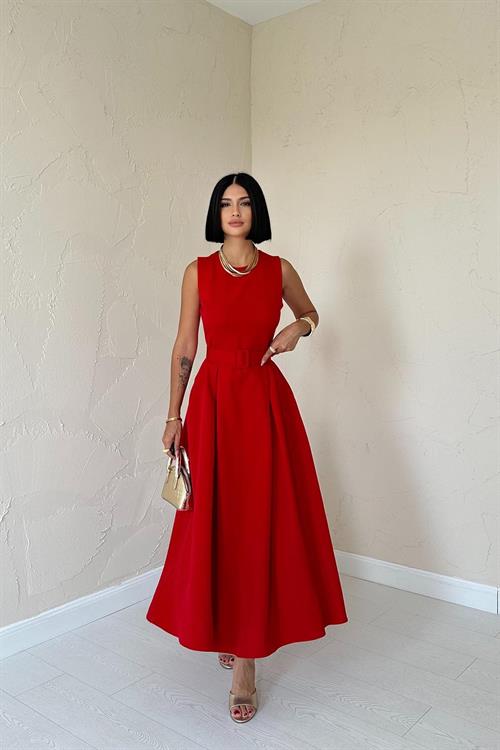 Toptan Kırmızı Halter Yaka Kloş Elbise