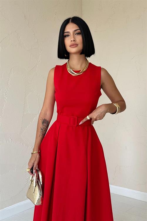 Toptan Kırmızı Halter Yaka Kloş Elbise