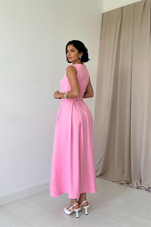 Toptan Pembe Halter Yaka Kloş Elbise