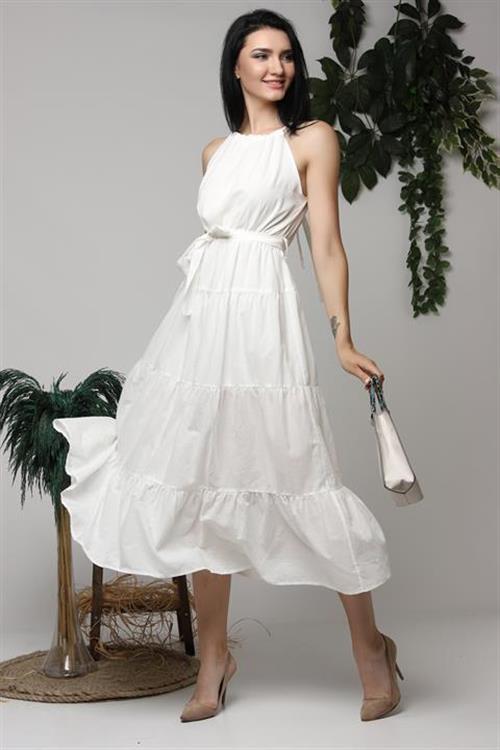 Wholesale Ecru Halter Neck Belted Dress