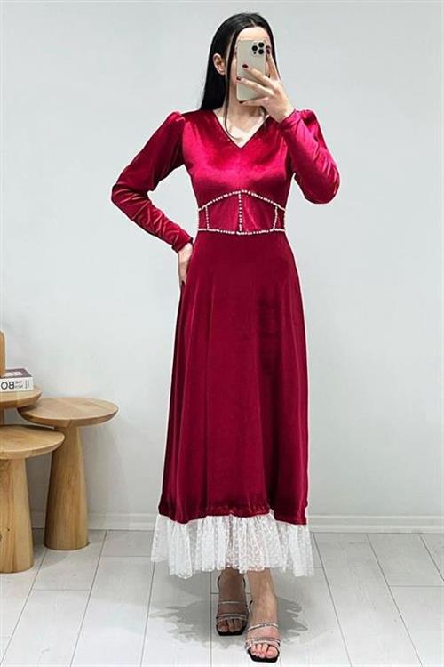 Wholesale Red Velvet Dress with Pearl Embellishment