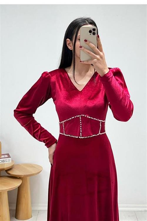 Wholesale Red Velvet Dress with Pearl Embellishment