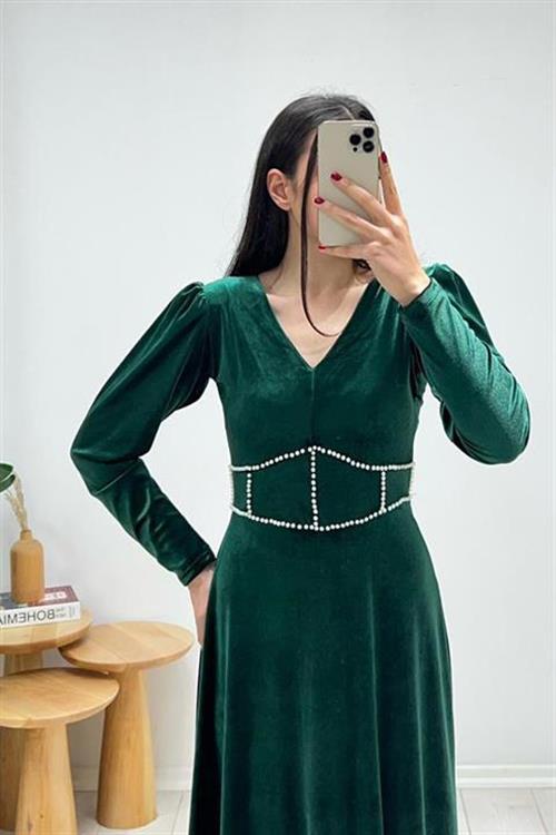 Wholesale Emerald Green Velvet Dress with Pearl Embellishment