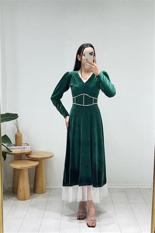 Wholesale Emerald Green Velvet Dress with Pearl Embellishment