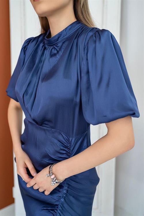 Wholesale Indigo Shirred Satin Dress