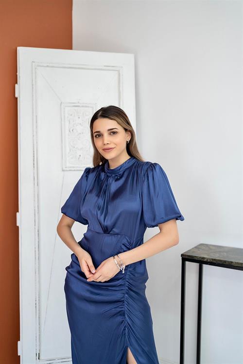 Wholesale Indigo Shirred Satin Dress