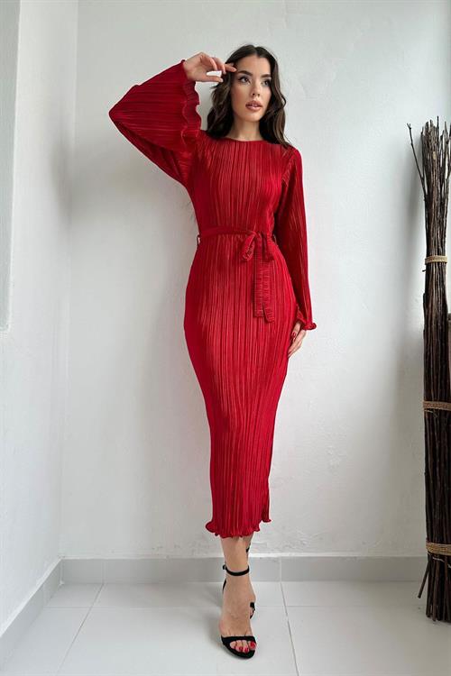 Wholesale Red Pleated Dress with Bell Sleeves