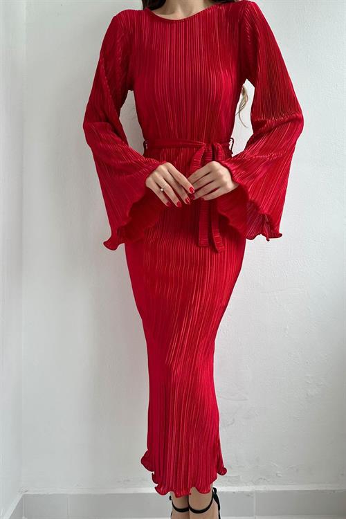 Wholesale Red Pleated Dress with Bell Sleeves
