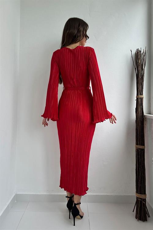 Wholesale Red Pleated Dress with Bell Sleeves