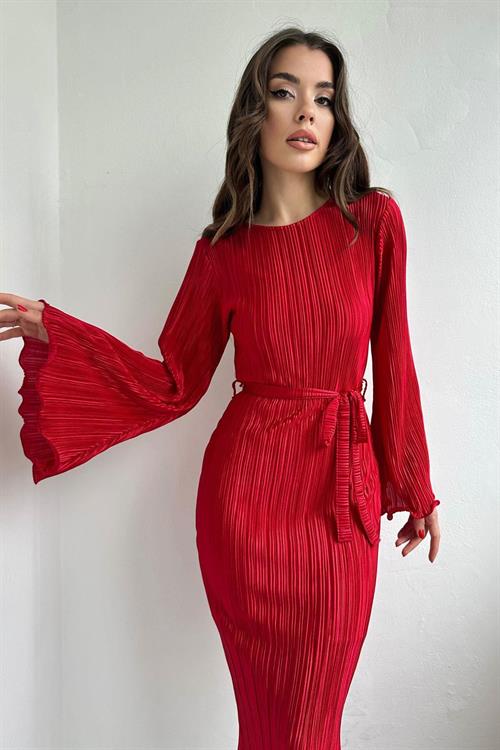 Wholesale Red Pleated Dress with Bell Sleeves