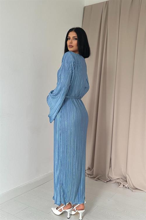 Wholesale Blue Pleated Dress with Bell Sleeves